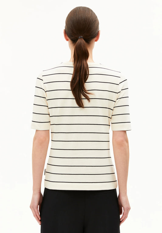 ARMEDANGELS Canada Women's Striped T-shirt in cream with black stripes, perfect for casual wear across Kelowna and Canada
