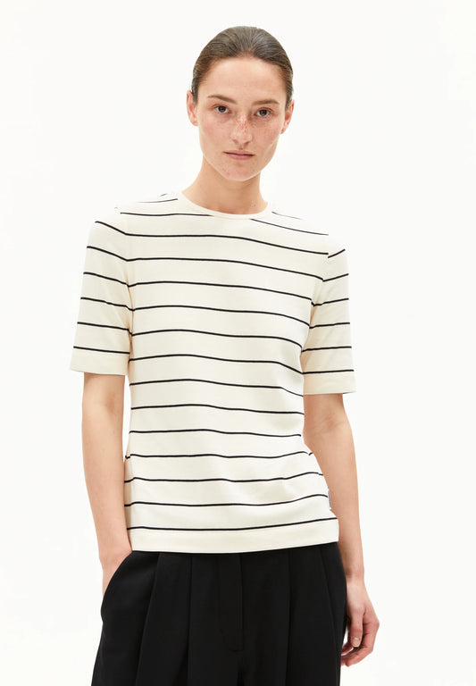 ARMEDANGELS Canada women's striped t-shirt in cream with black stripes, perfect for casual wear in Kelowna and Canada