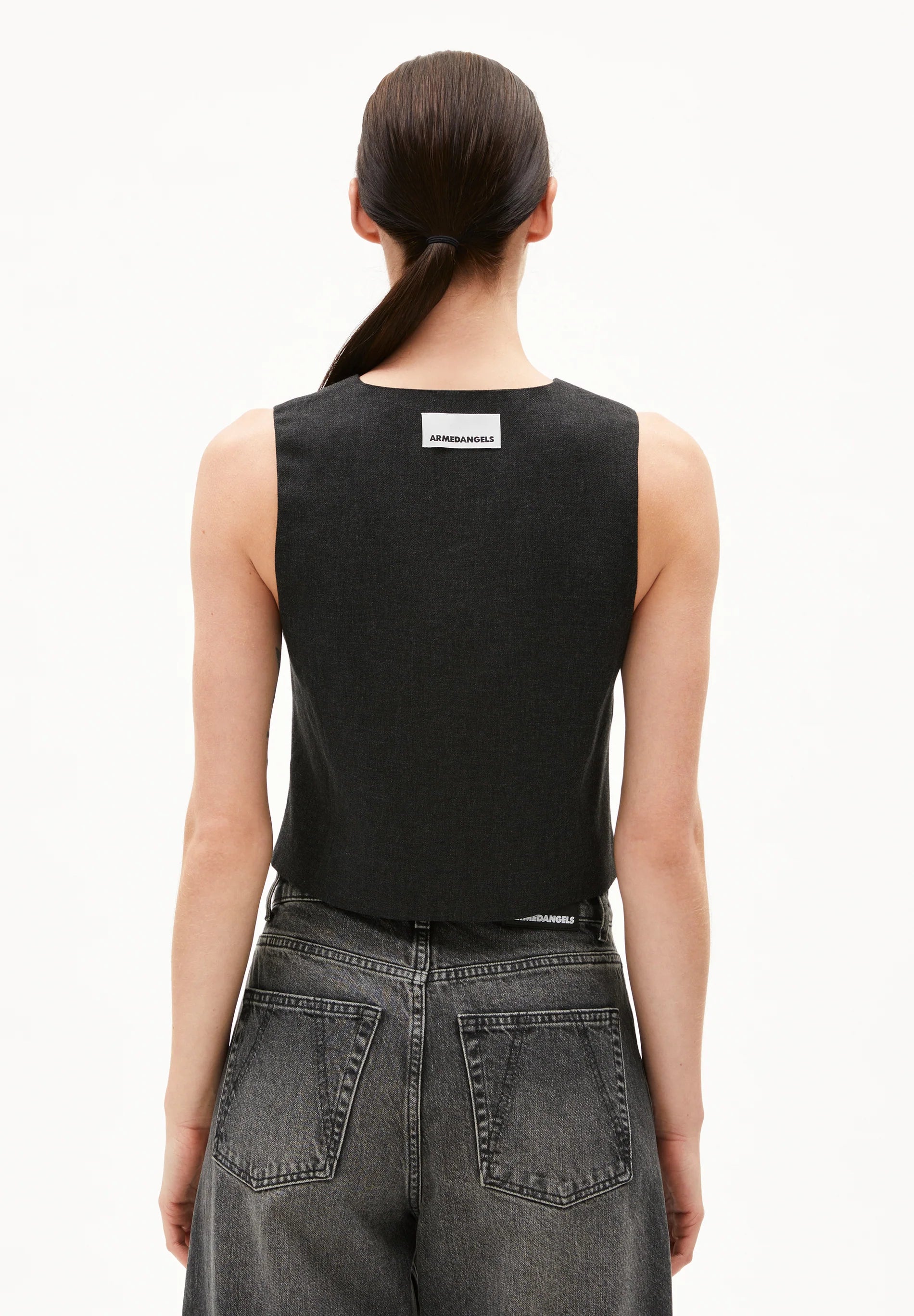 ARMEDANGELS Canada Black Denim Vest with a Minimalist Design and Tag Detail on the Back in Kelowna