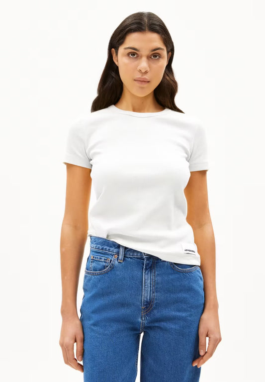 ARMEDANGELS Canada white fitted short sleeve ribbed t-shirt paired with blue denim jeans for casual wear in Kelowna