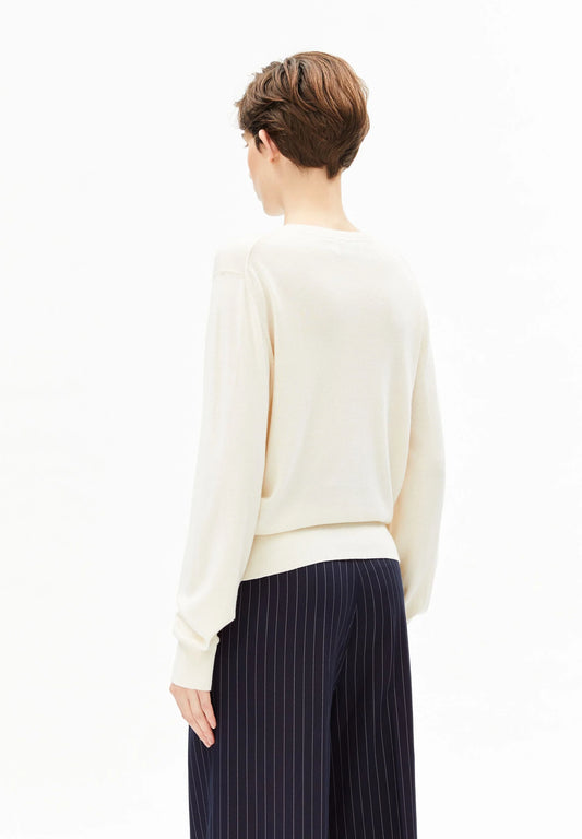 Back view of oatmilk fine knit sweater - ARMEDANGELS PETA-approved vegan knitwear made in Turkey
