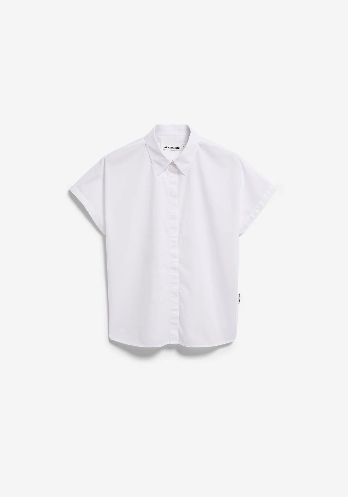 Full flat lay of ARMEDANGELS Canada white poplin collared shirt against a white background