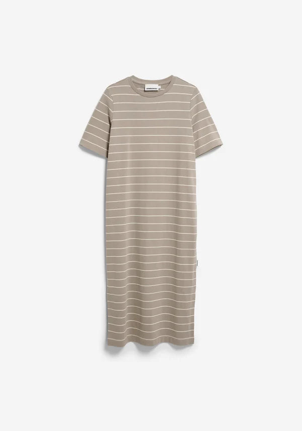 Flat lay of ARMEDANGELS Canada long light brown striped t-shirt dress with white background