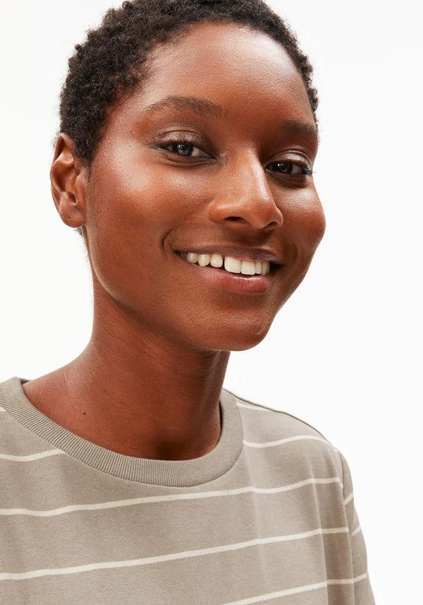 Headshot of model wearing ARMEDANGELS Canada long light brown t-shirt dress with white background