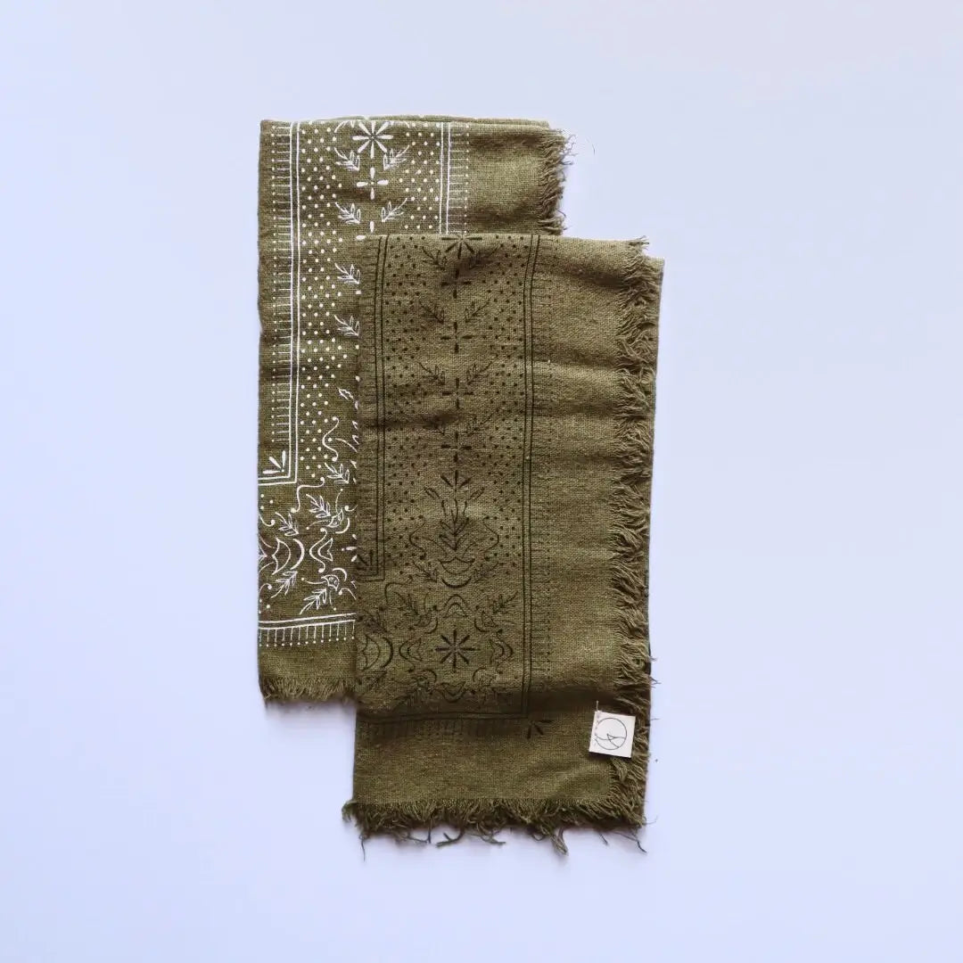Eco Raw Studio - SS24 - Olive Green Classic Print Naturally Dyed Bandana - White Ink - close up 3