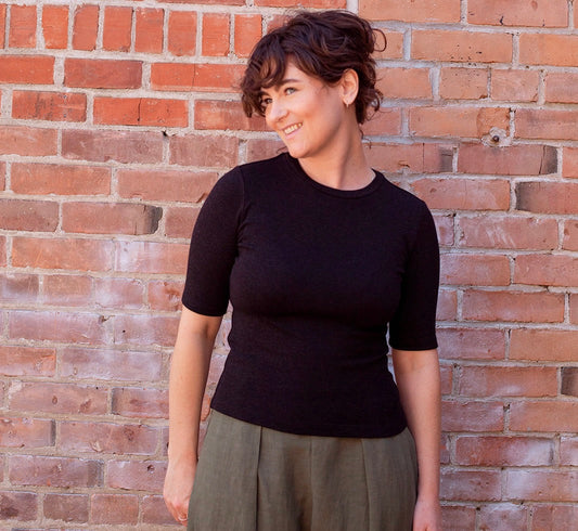 BodyBag by Jude fitted black short sleeve crew neck top on model for tops and blouses collection in Kelowna