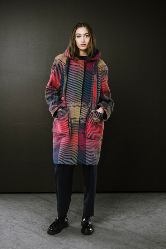 BodyBag by Jude plaid coat in vibrant colors with a hood and pockets for a stylish look in Kelowna