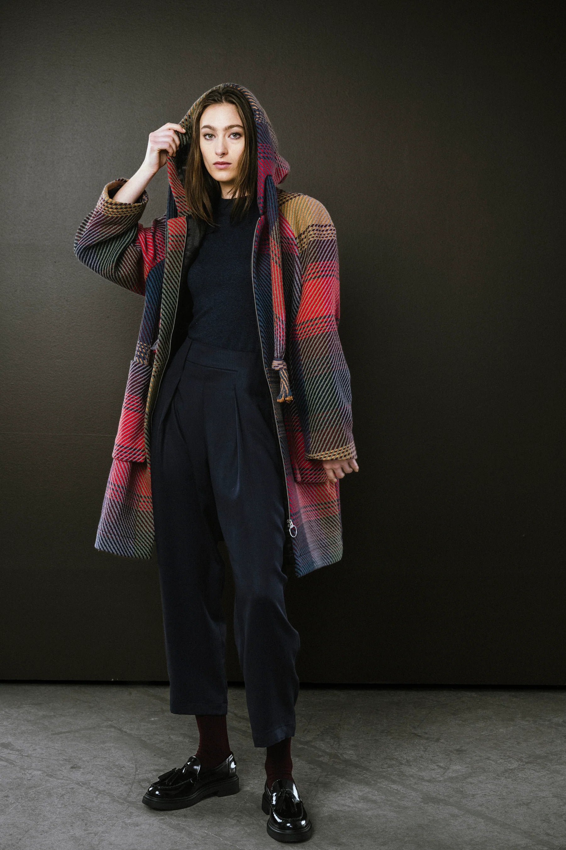 Stylish plaid coat by BodyBag by Jude with a hood and a colorful design for casual wear in Kelowna
