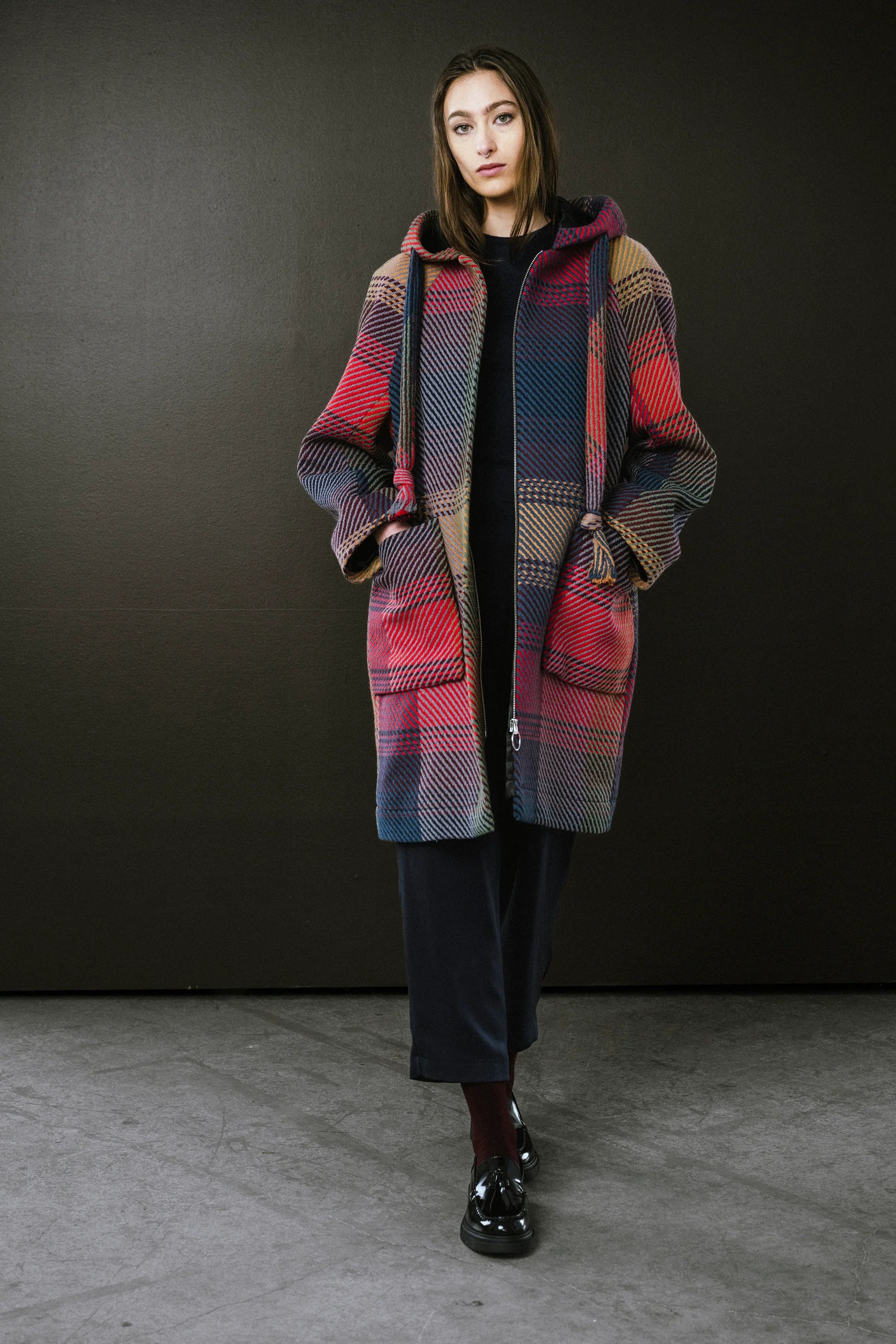 BodyBag by Jude plaid coat with a cozy hood and colorful checkered design for stylish comfort in Kelowna