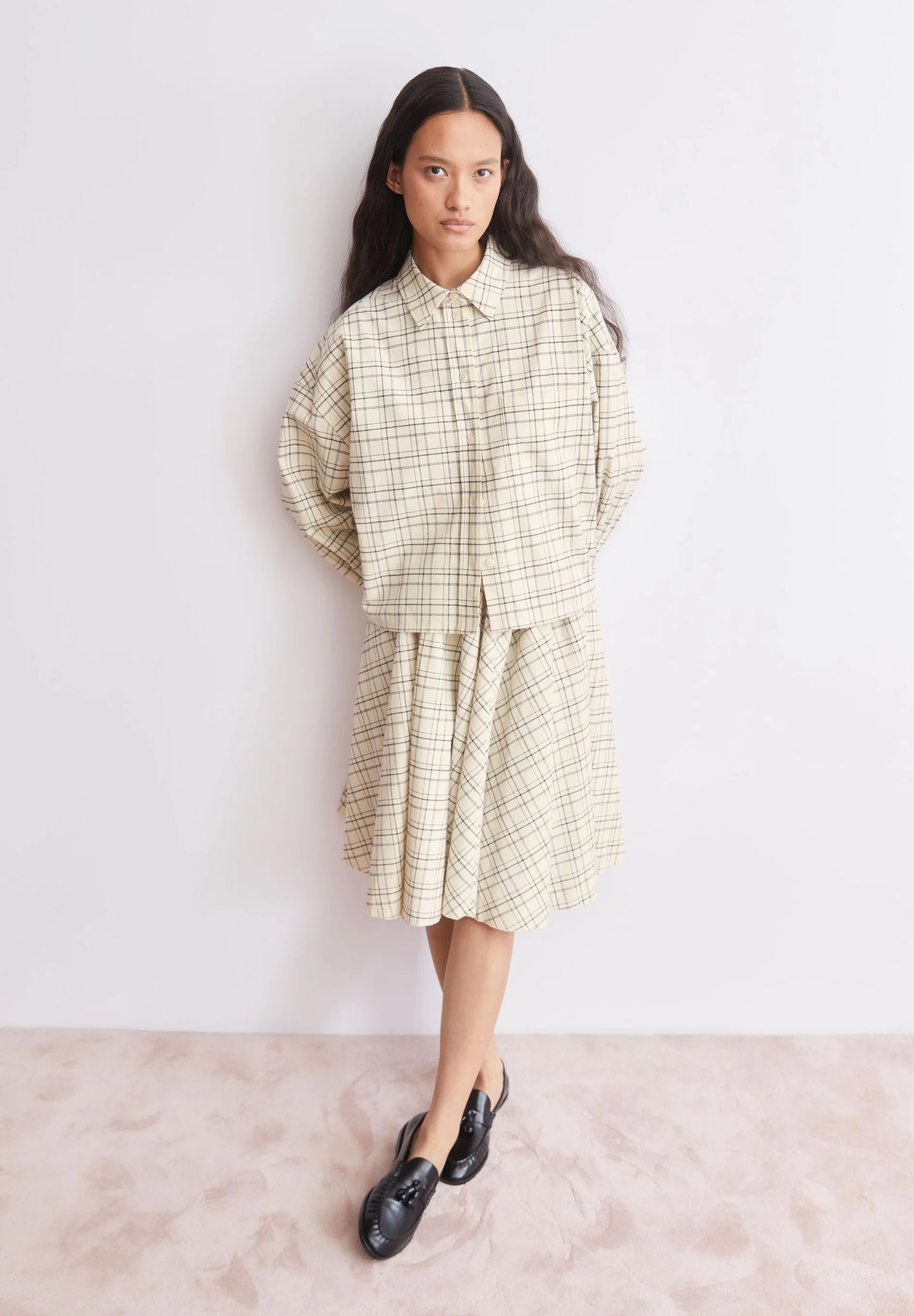 ARMEDANGELS Canada - CHECK Boxy Blouse in Oatmilk-Black full length view on model with blank background