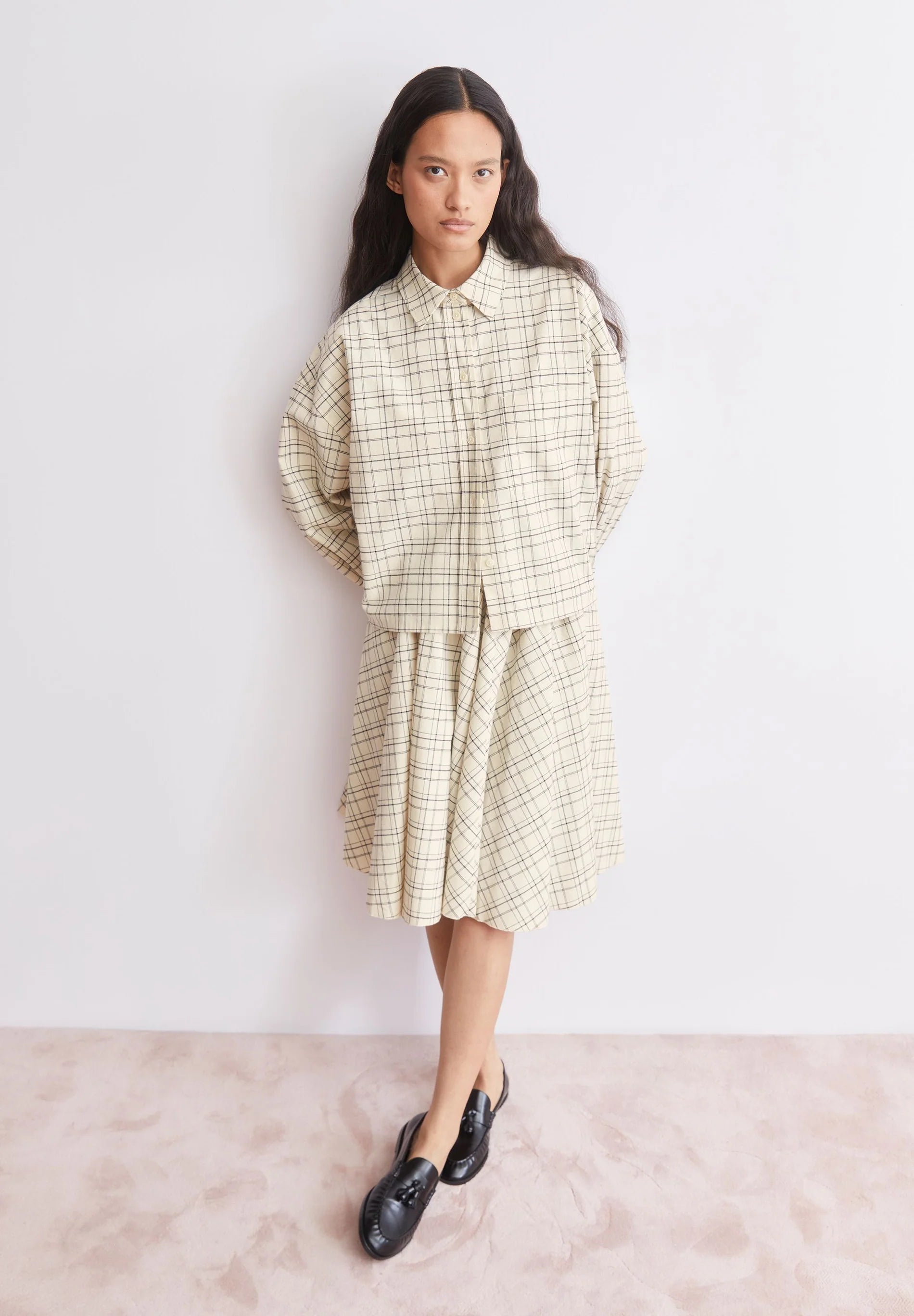 ARMEDANGELS Canada - CHECK Boxy Blouse in Oatmilk-Black full length view on model with blank background