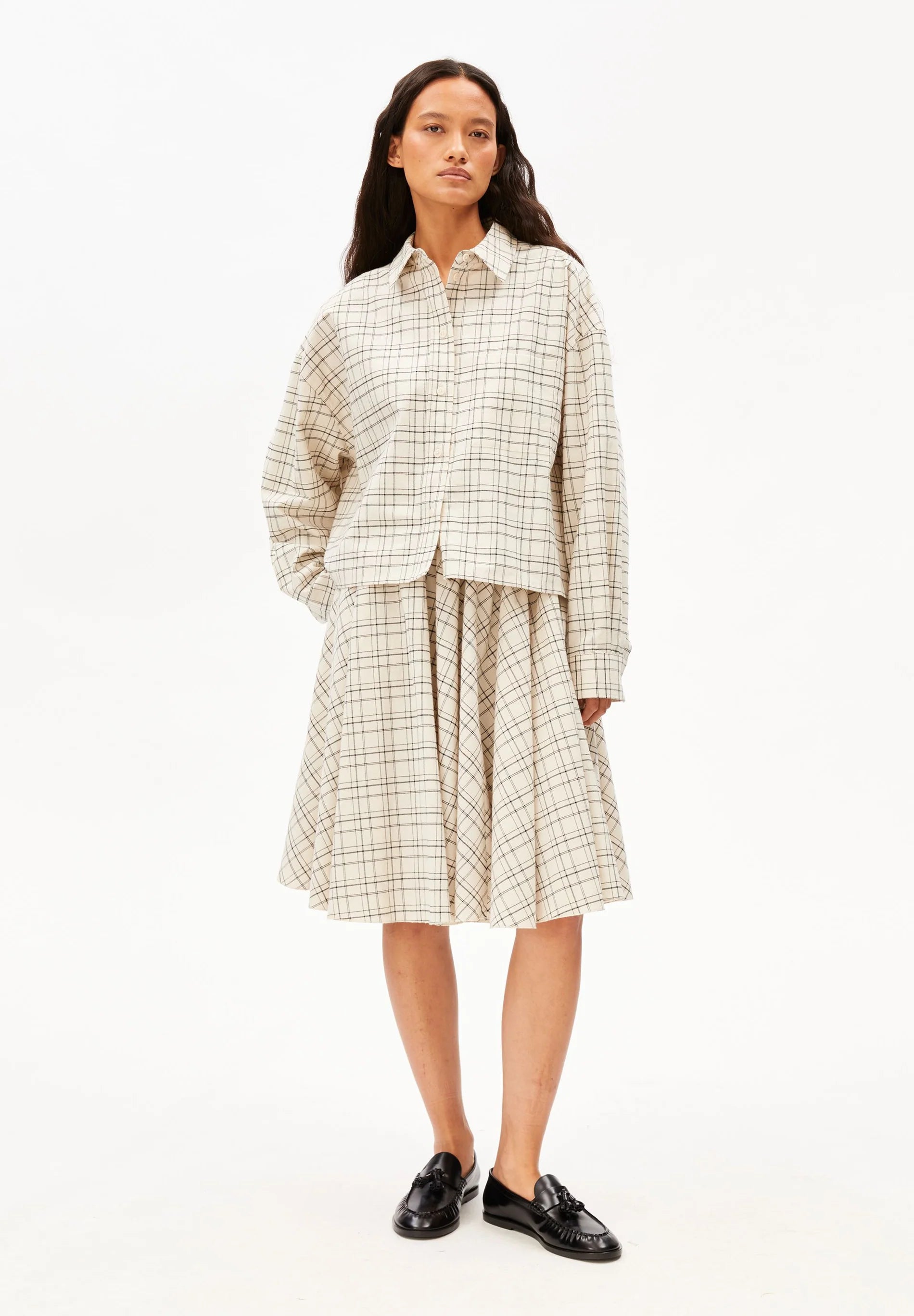 ARMEDANGELS Canada - CHECK Boxy Blouse in Oatmilk-Black full length view of front on model