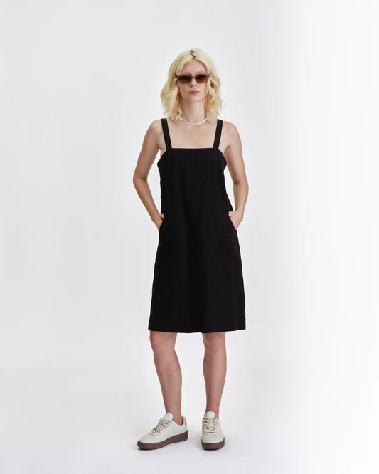Linen Jumper Dress by Jennifer Glasgow Design featuring adjustable straps and pockets for casual summer wear
