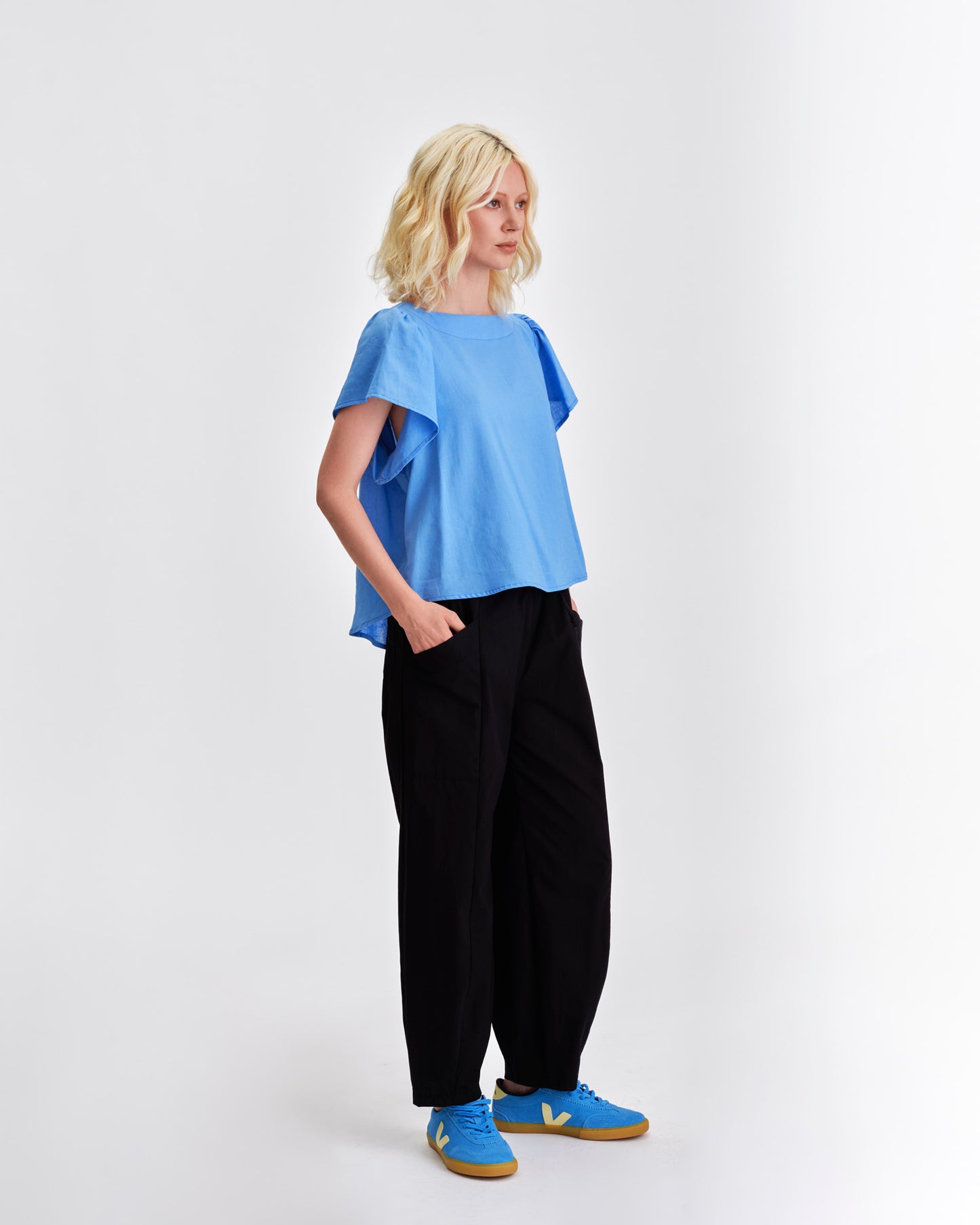 Stylish blue top by Jennifer Glasgow Design with flutter sleeves and relaxed fit