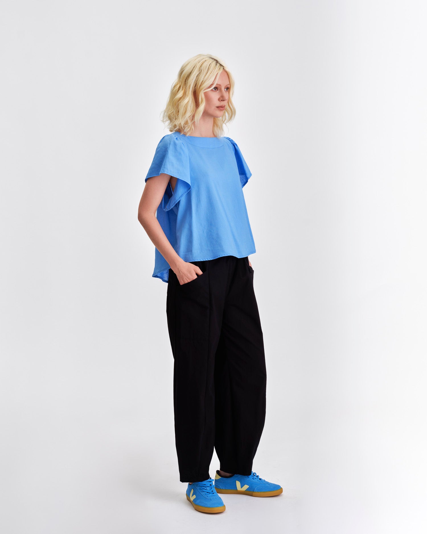 Stylish blue top by Jennifer Glasgow Design with flutter sleeves and relaxed fit
