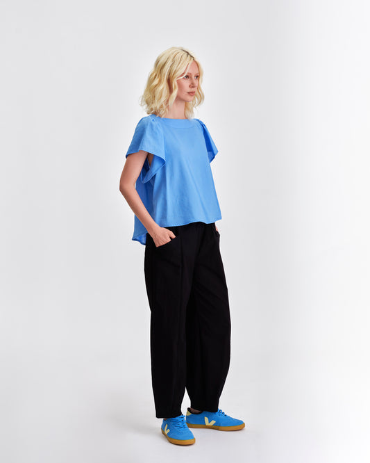 Stylish blue top by Jennifer Glasgow Design with flutter sleeves and relaxed fit