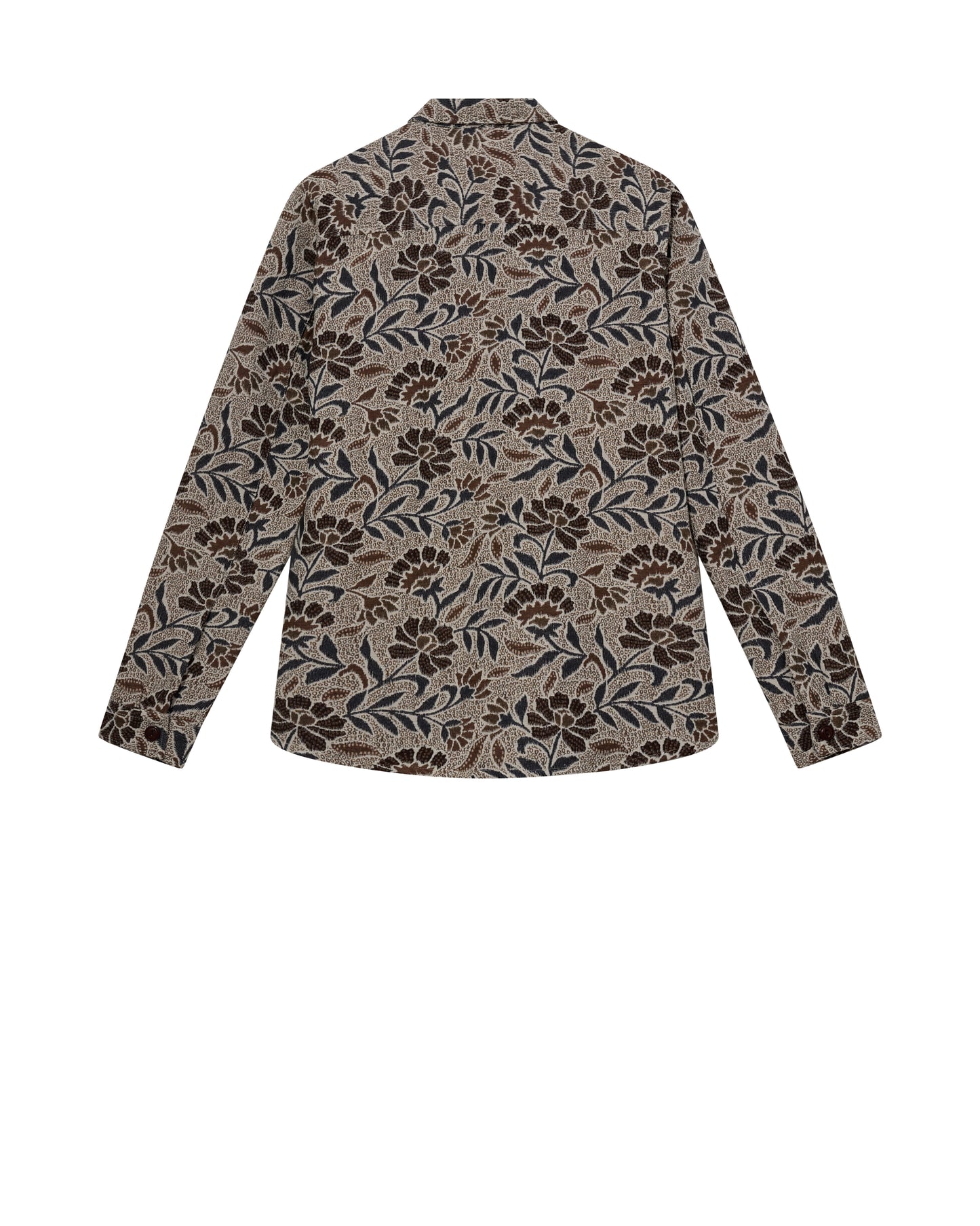 Mos Mosh Gallery organic men's overshirt in beige with brown and navy floral leaf print long sleeve back view in Kelowna