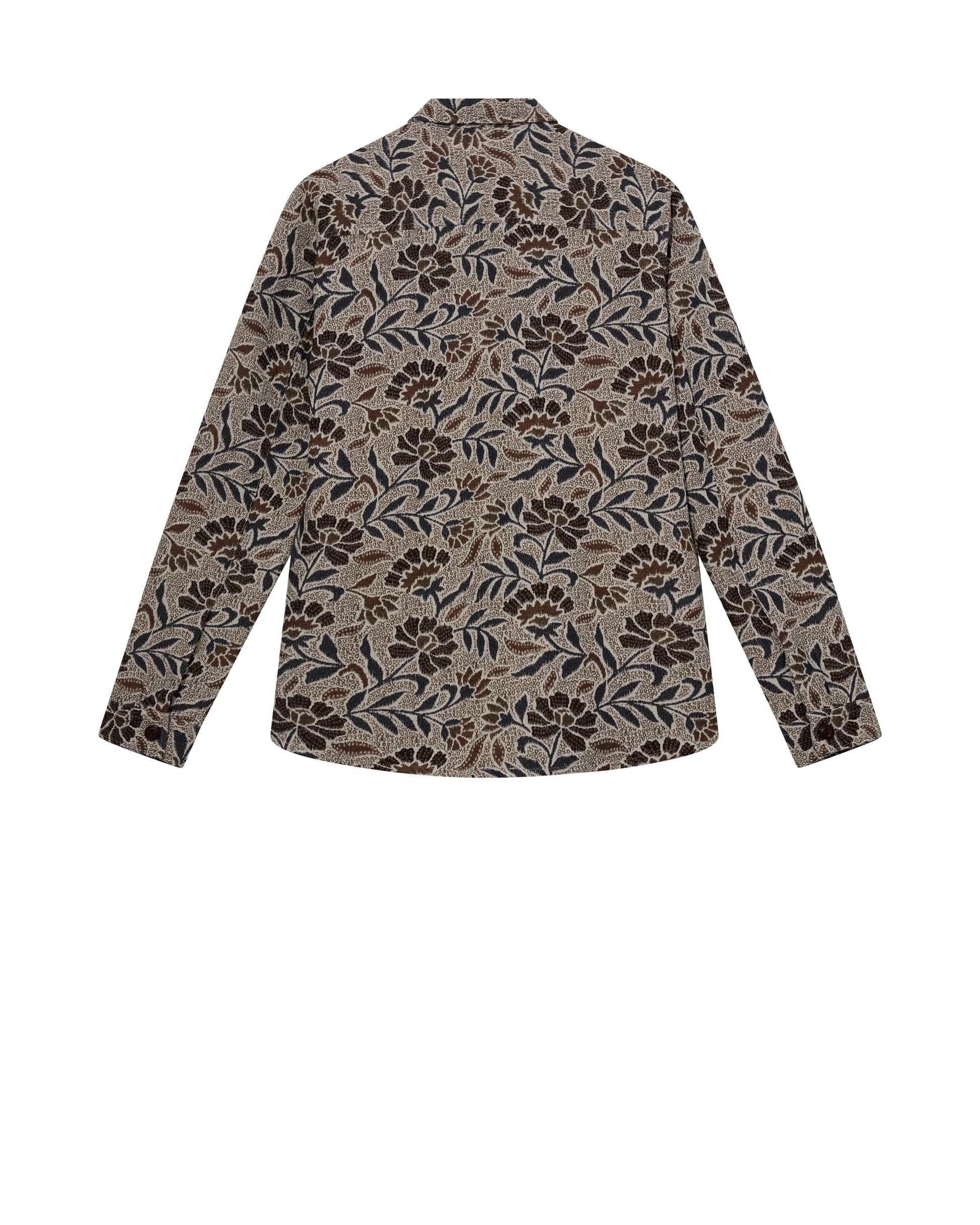 Mos Mosh Gallery organic men's overshirt in beige with brown and navy floral leaf print long sleeve back view in Kelowna
