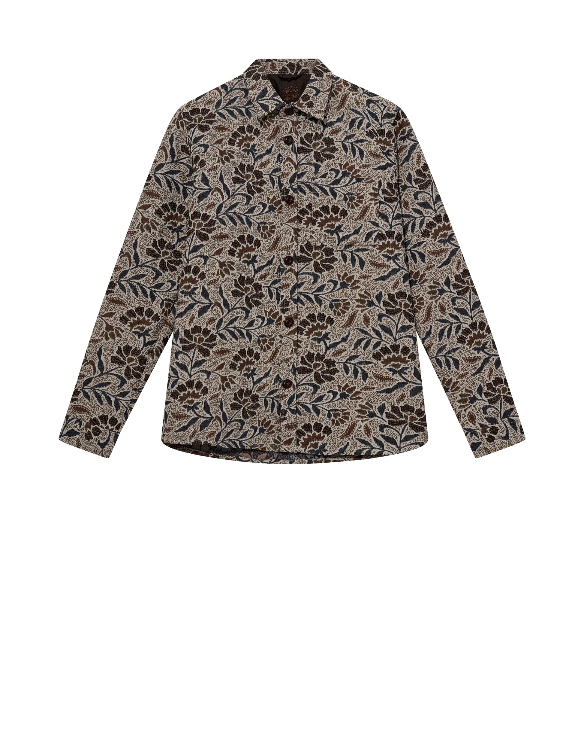 Mos Mosh Gallery organic men's overshirt with brown and navy floral print long sleeve shirt in Kelowna