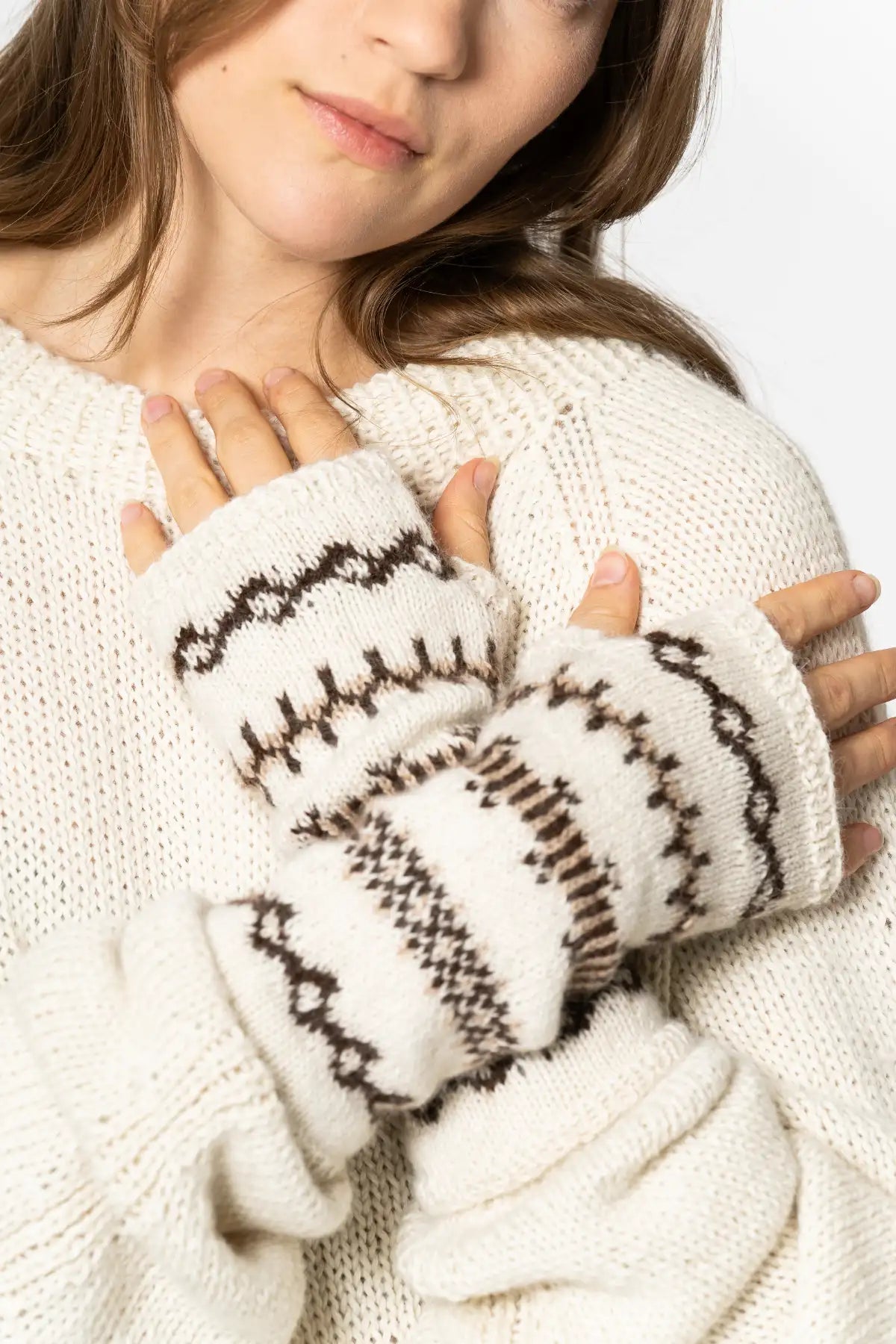 Dinadi hand-knit mitten accessories in cream with brown patterns for warmth and style in Kelowna and Canada