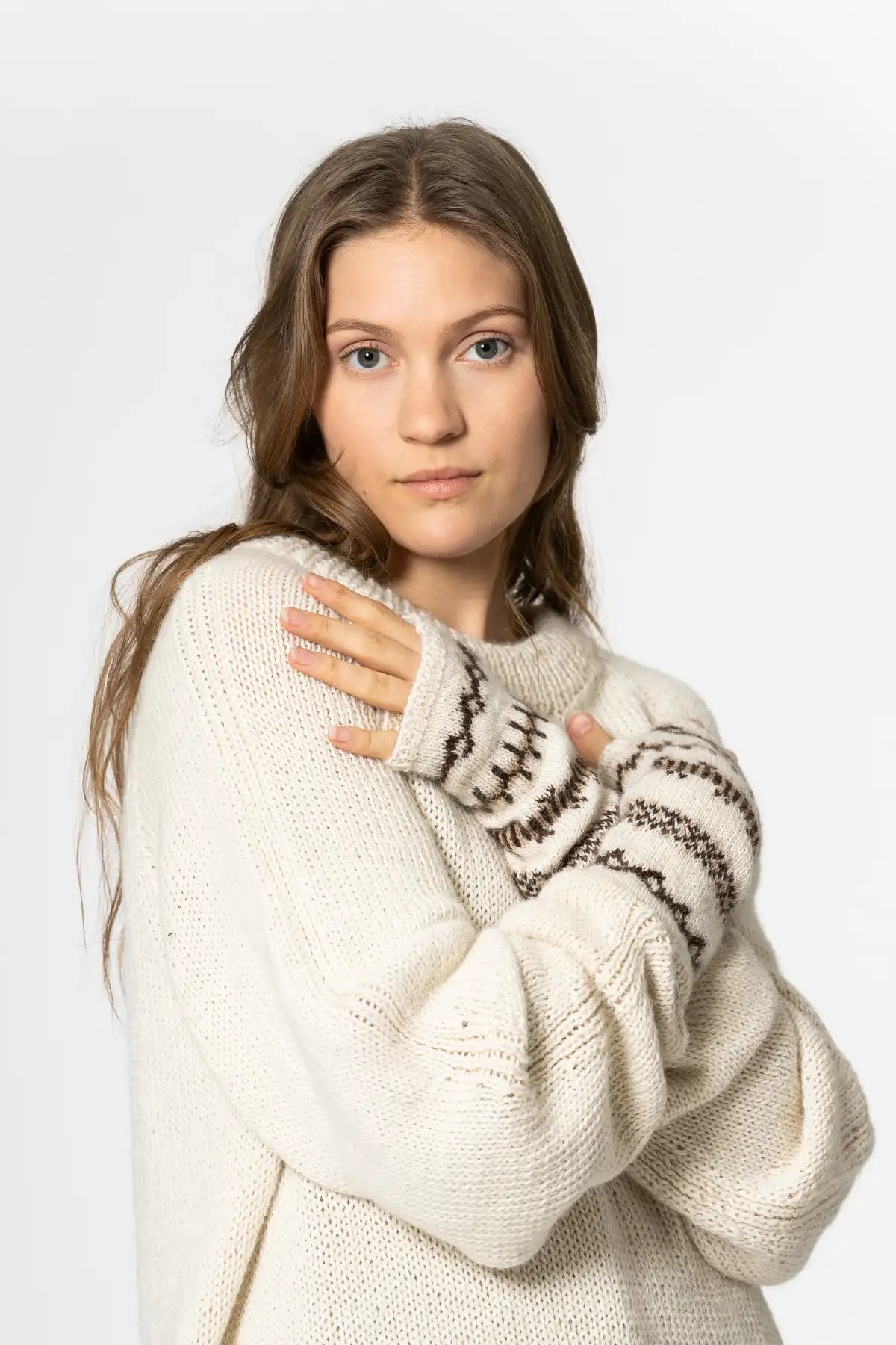 Dinadi cozy fingerless mitten in cream and brown, perfect for keeping hands warm while maintaining dexterity in Kelowna and Canada