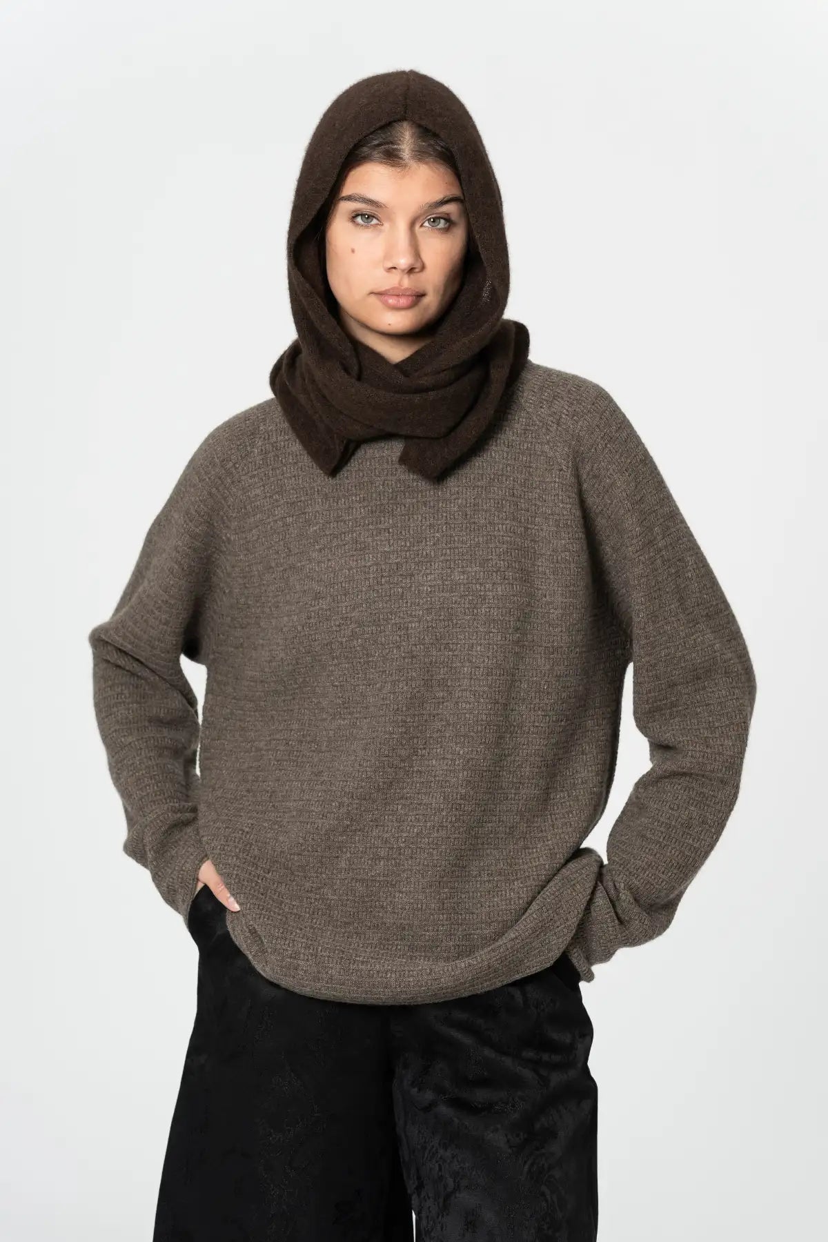 Dinadi Cozy Brown Scarf Hoodie Accessory Perfect for Stylish Warmth in Cold Weather in Kelowna and Canada