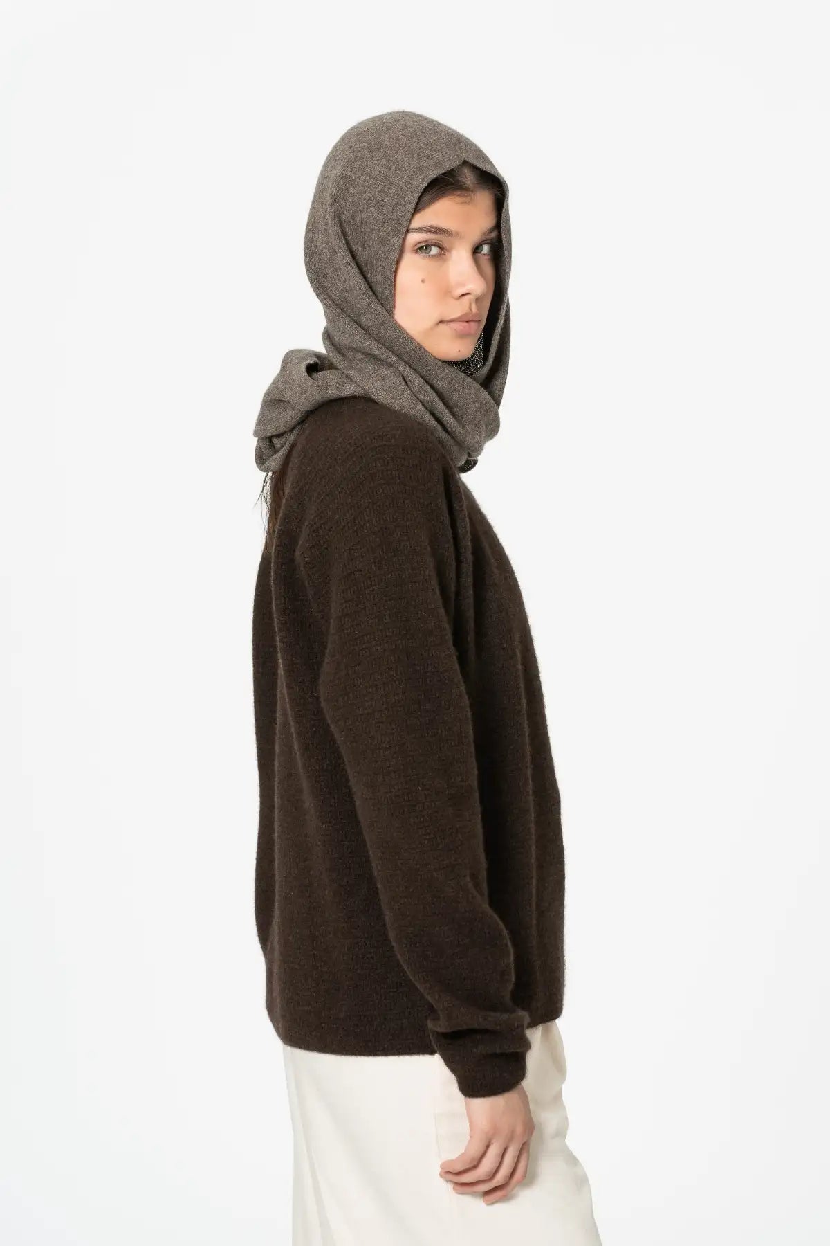 Dinadi cozy brown scarf worn as a hooded accessory for stylish warmth and versatility in Kelowna and Canada