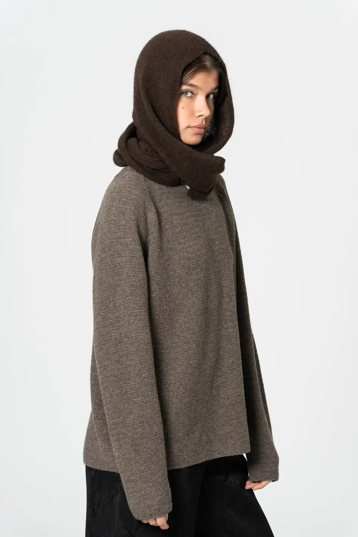 Dinadi Cozy Brown Scarf Styled as a Hooded Accessory for Warmth and Fashion in Kelowna and Canada
