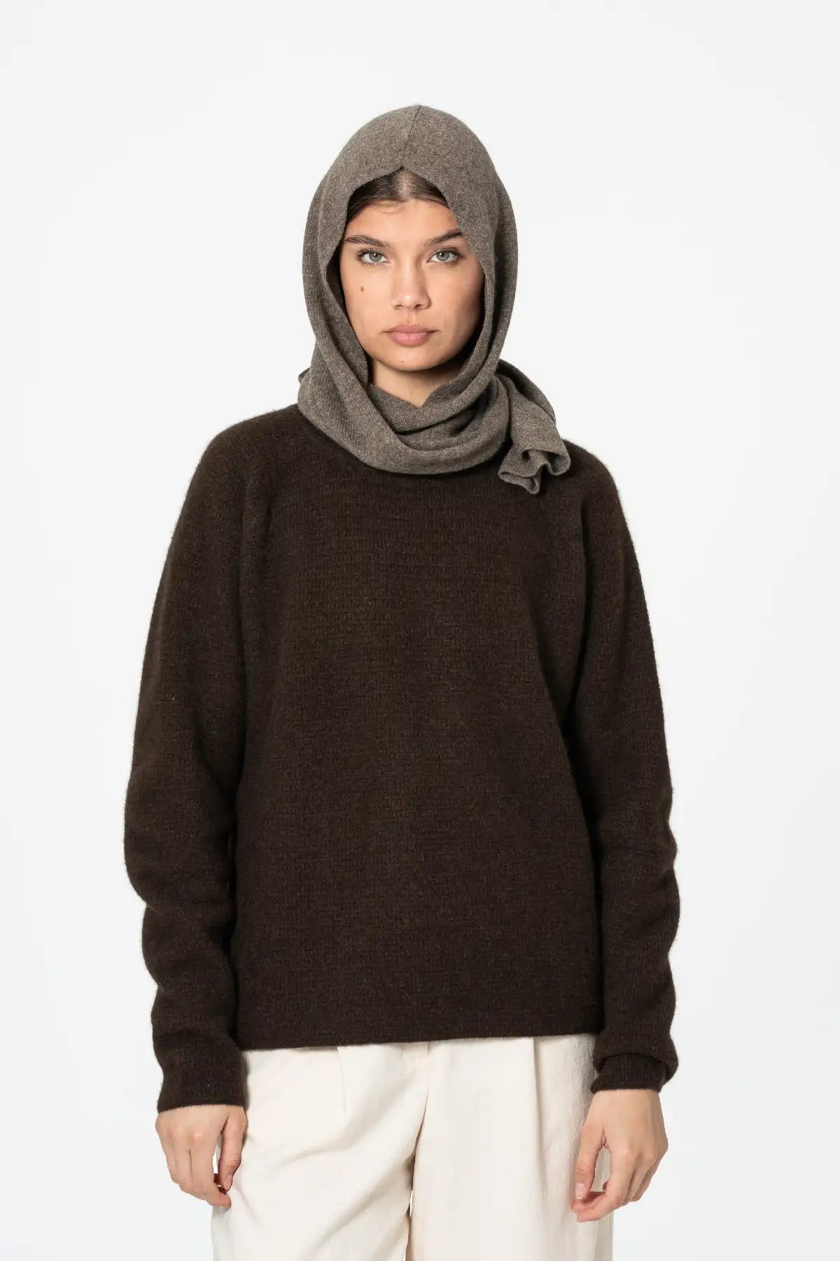 Dinadi Women's Scarf in Gray, styled as a hood with a brown sweater for a cozy look in Kelowna and Canada
