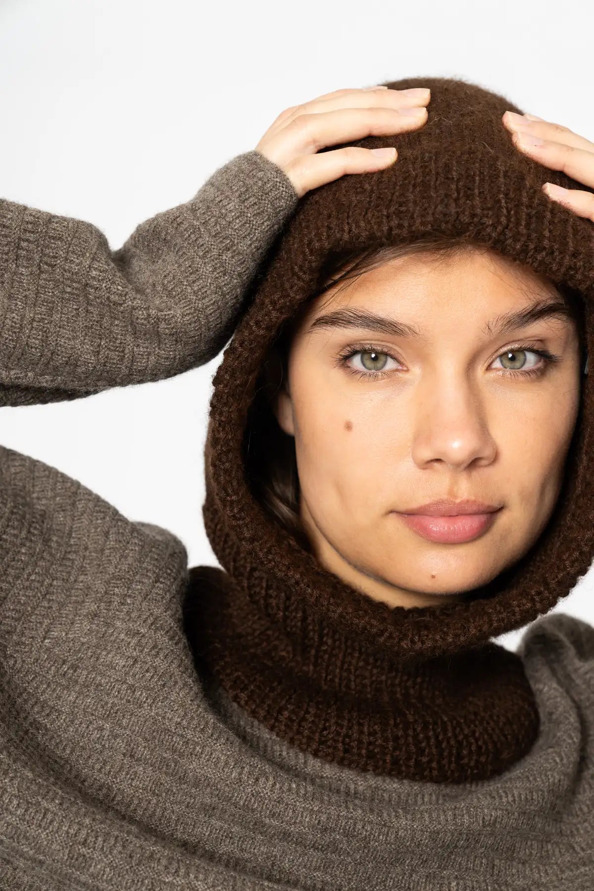 Dinadi Knit Scarf and Hood Combo in Brown for Warmth and Style in Cold Weather in Kelowna and Canada
