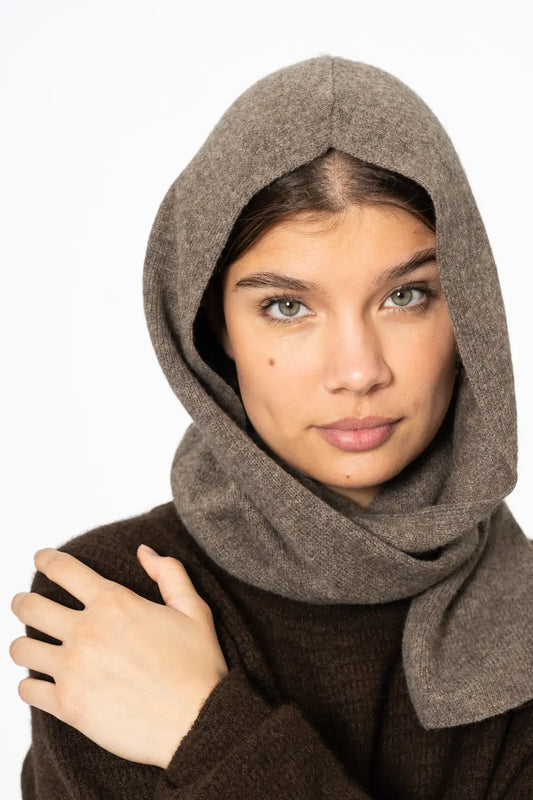 Dinadi cozy brown scarf styled as a hood on a model, perfect for warm layering in winter in Kelowna and Canada