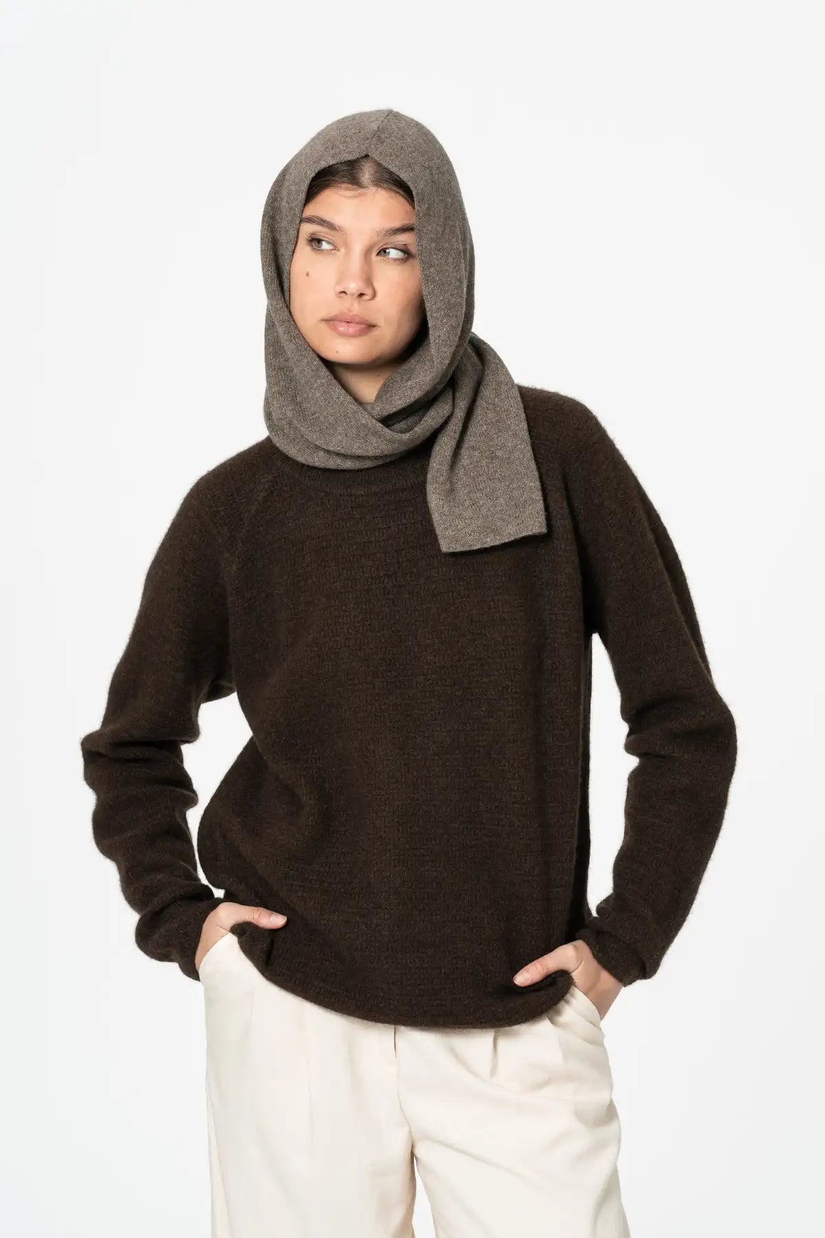 Dinadi Cozy Wool Scarf in Dark Brown, worn elegantly with a matching sweater in Kelowna and Canada