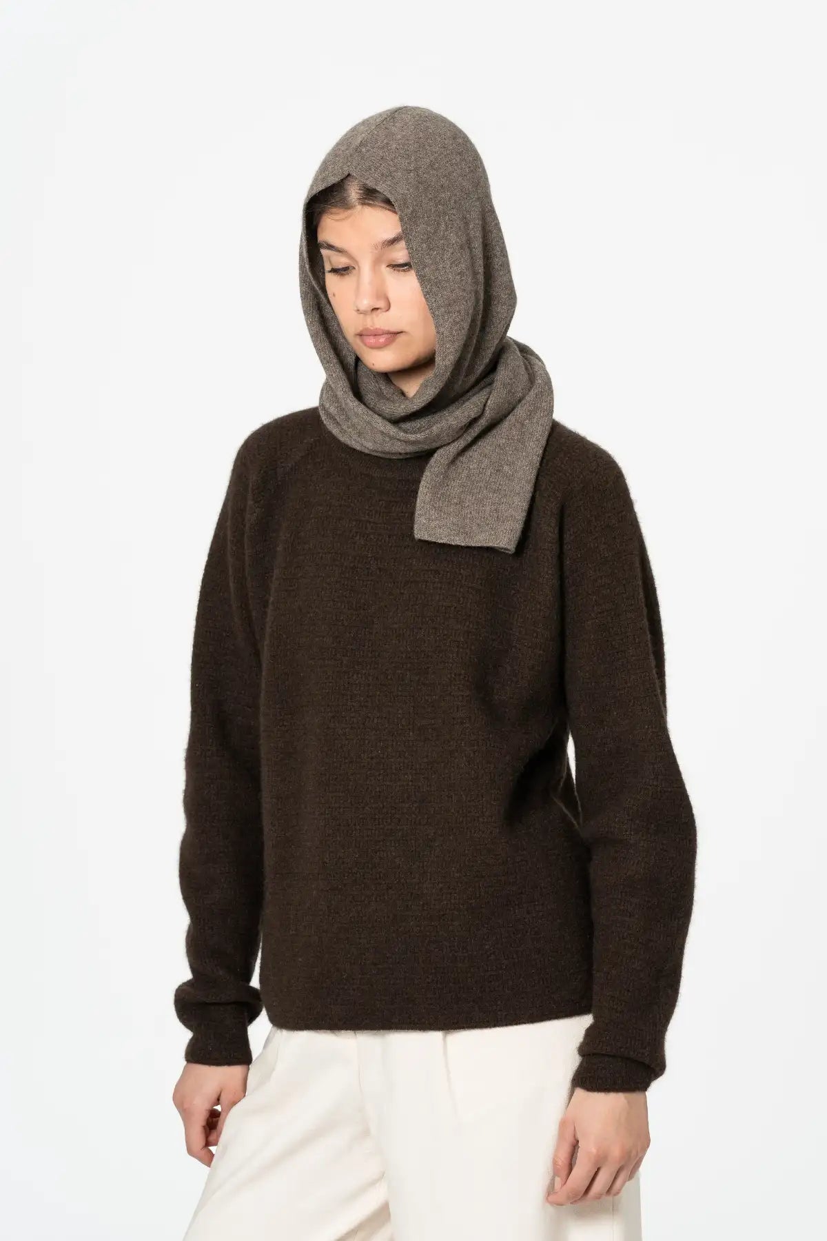 Dinadi Brown and Gray Scarf Worn as a Hood, Perfect for Cozy Style and Warmth in Kelowna and Canada