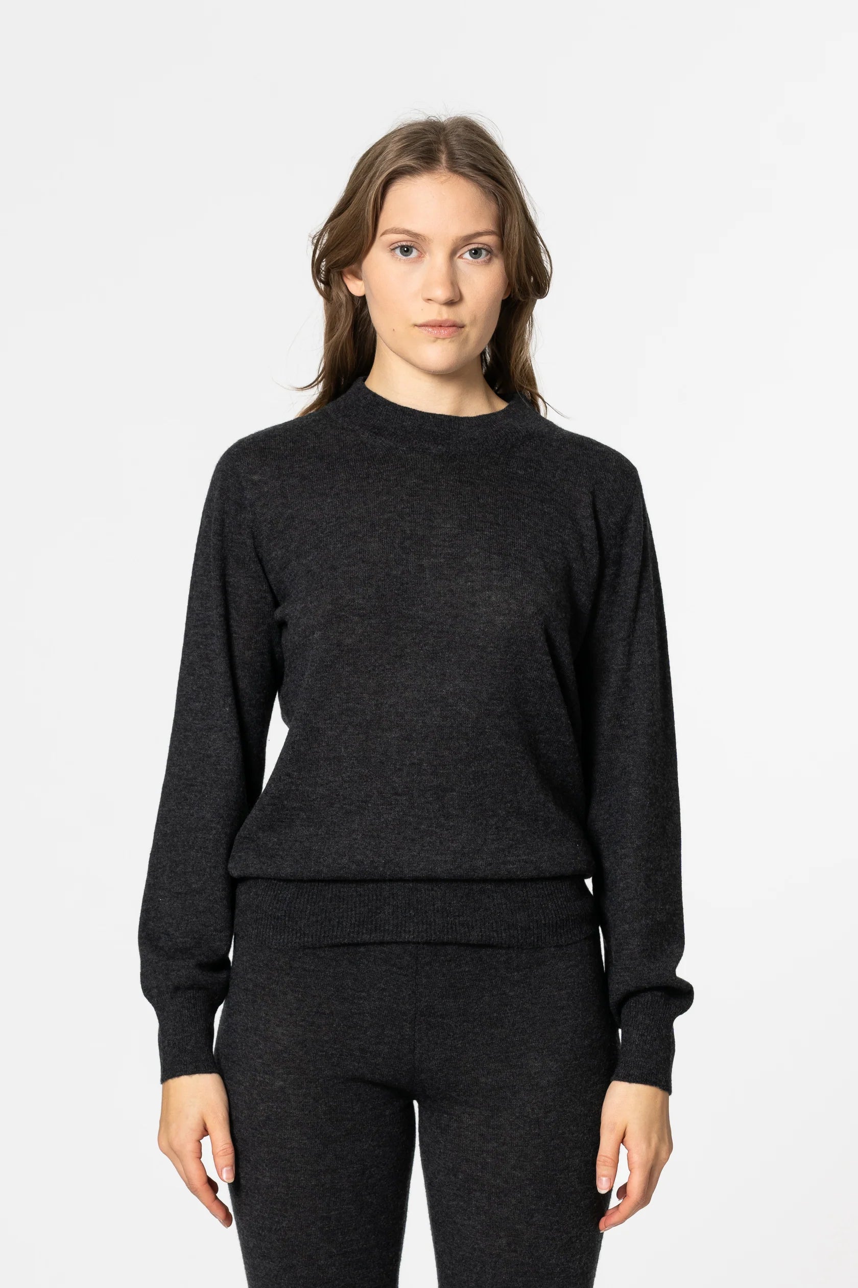 Dinadi women's merino wool sweater in dark gray with a classic fit and soft texture in Kelowna and Canada