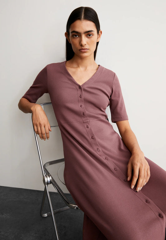 ARMEDANGELS Canada Sustainable Midi Dress in Mauve with Short Sleeves and Button Detail