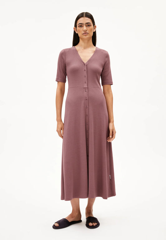 ARMEDANGELS Canada Mauve Button-Up Midi Dress with Short Sleeves and V-Neckline for a Chic Look in Canada