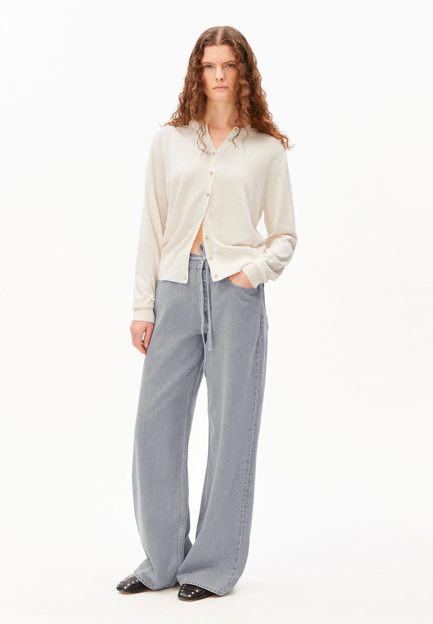 ARMEDANGELS Canada - FINE Knit Cardigan in Oatmilk on model wearing blight blue jeans