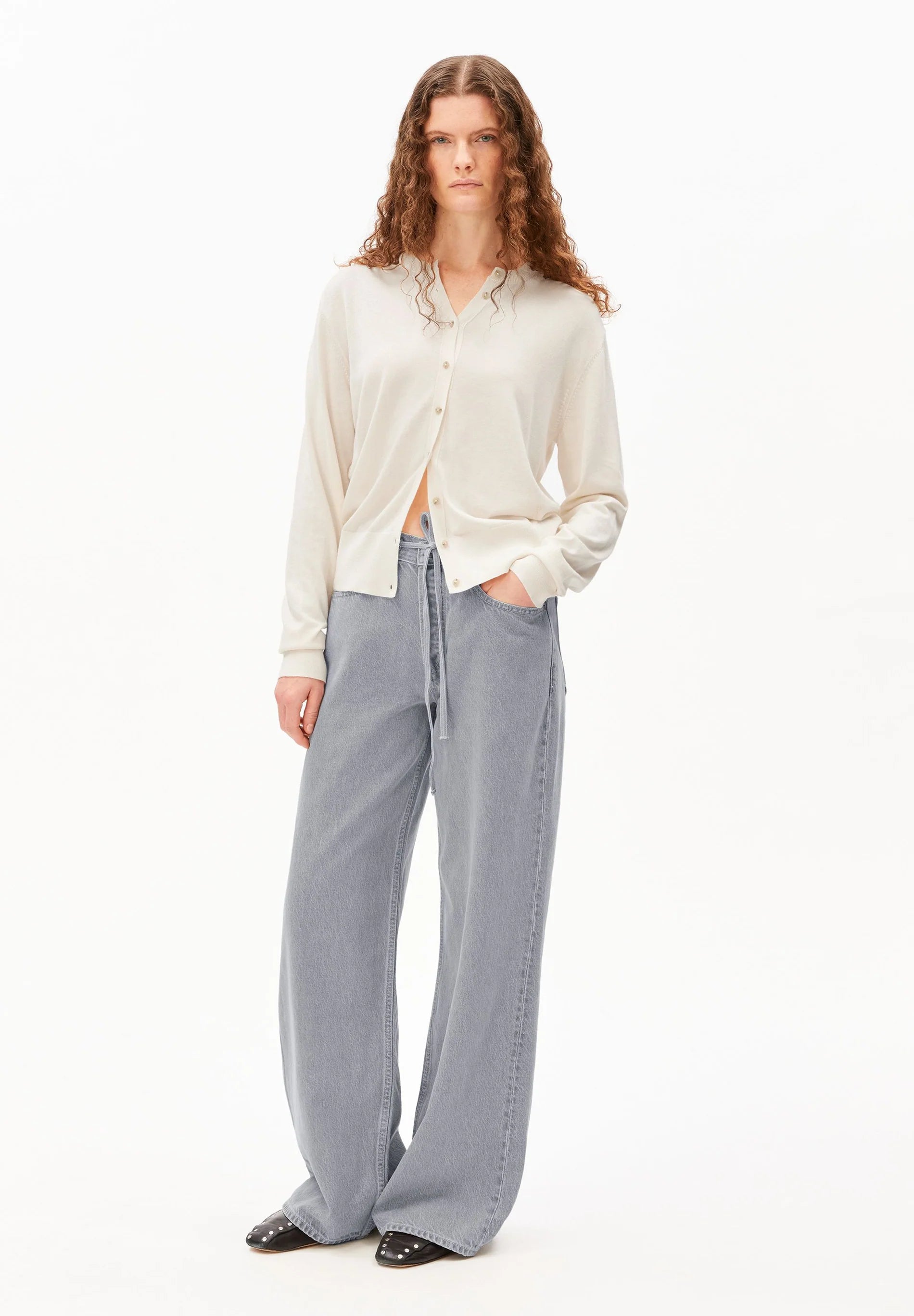 ARMEDANGELS Canada - FINE Knit Cardigan in Oatmilk on model wearing blight blue jeans