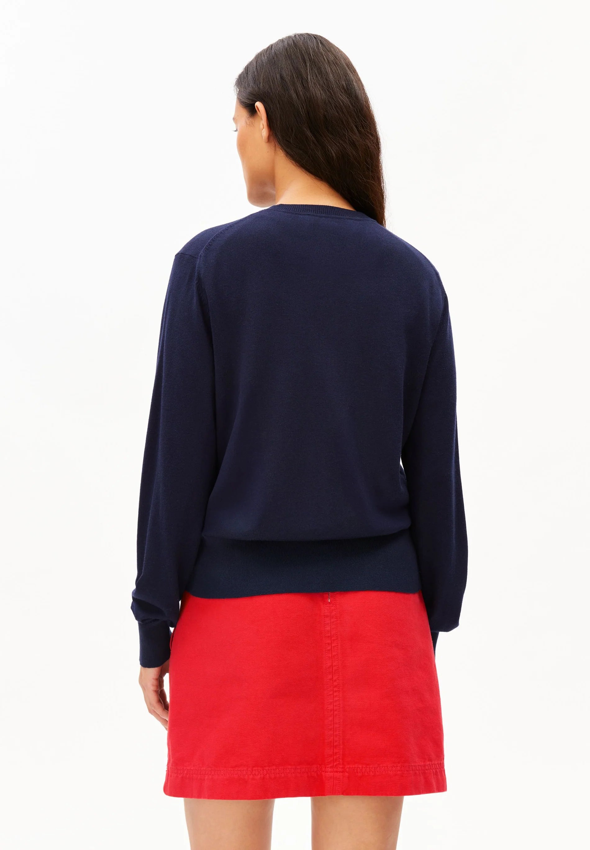 ARMEDANGELS Canada - FINE Knit Cardigan in Tinted Navy back view on model in red shorts