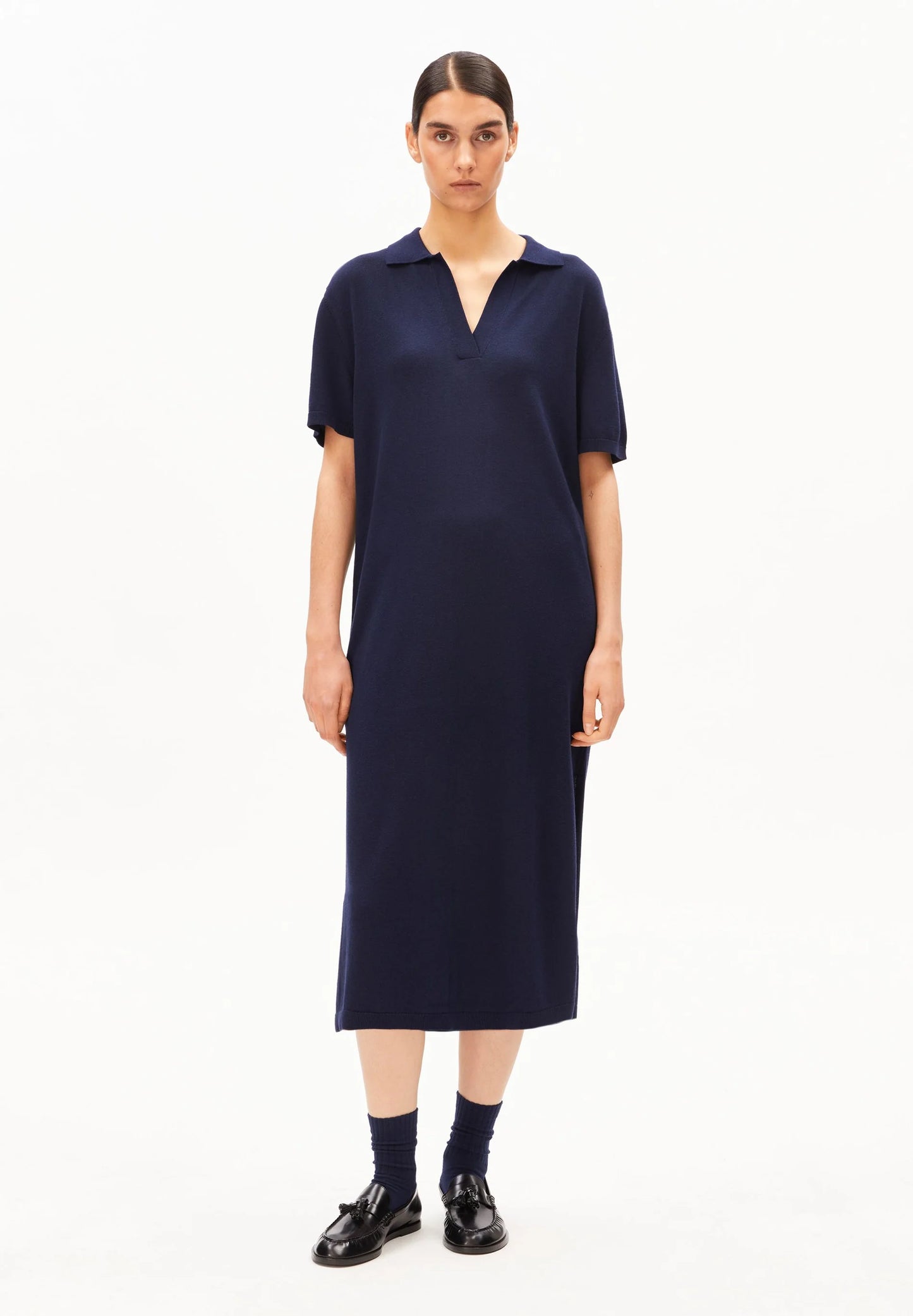 ARMEDANGELS Canada - FINE Polo Knit Dress in Tinted Navy on model front view