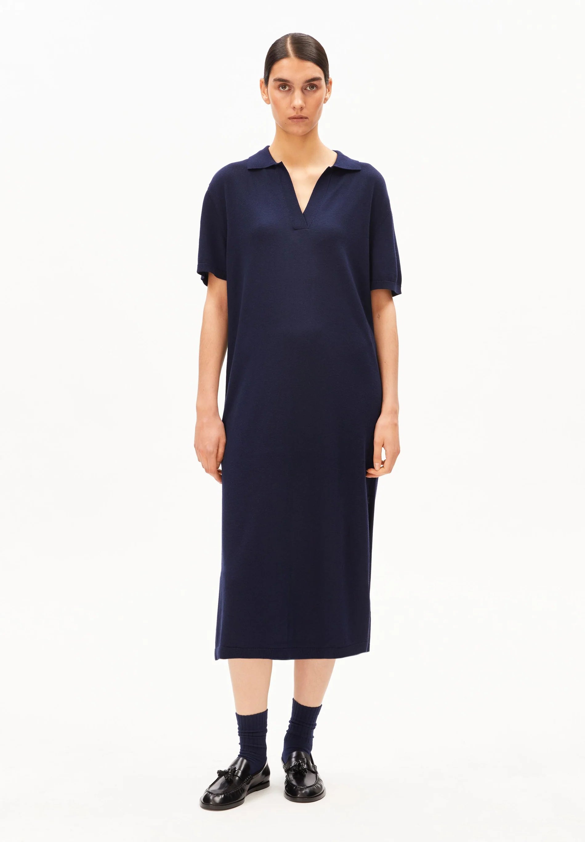 ARMEDANGELS Canada - FINE Polo Knit Dress in Tinted Navy on model front view