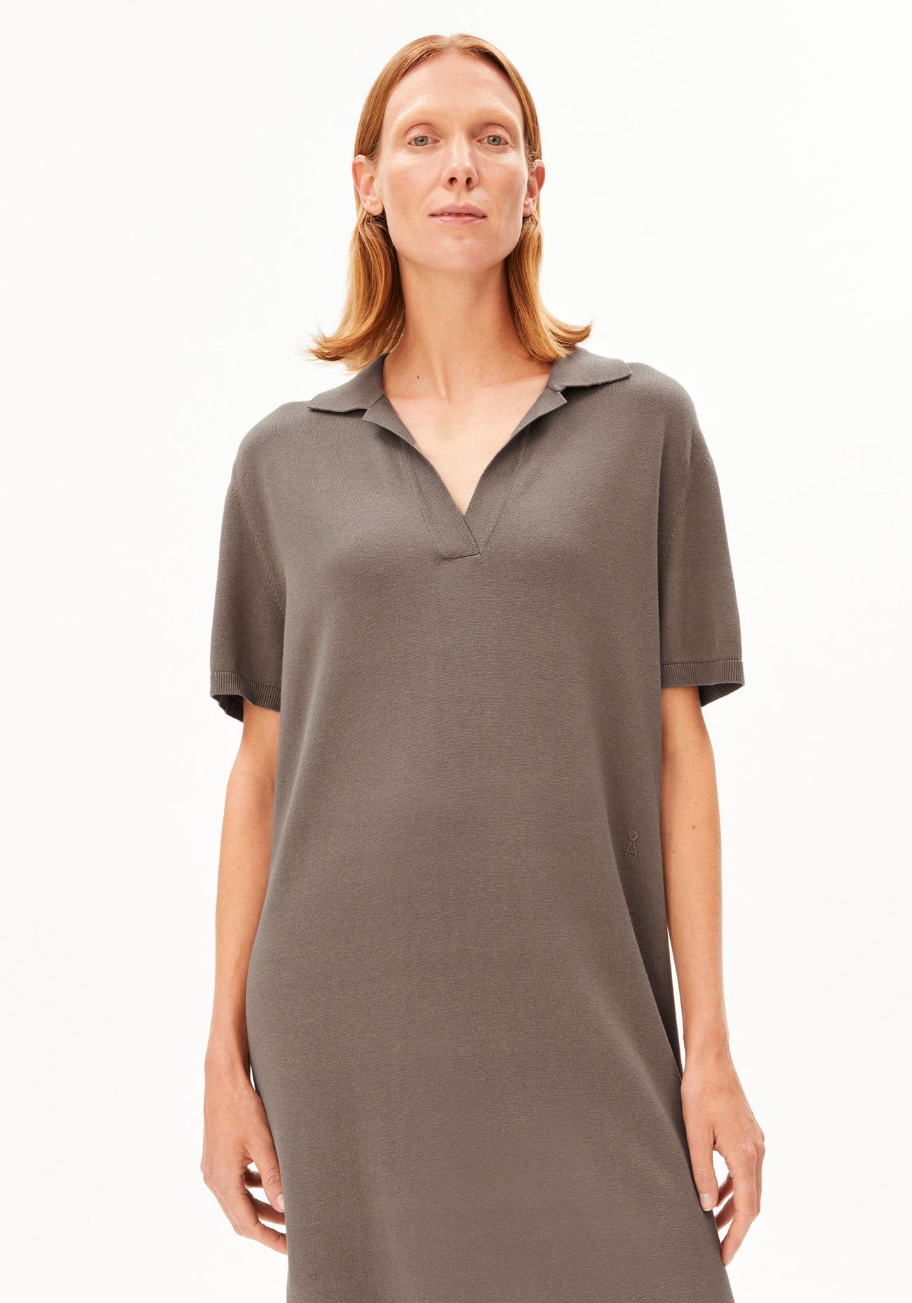 ARMEDANGELS Canada - FINE Polo Knit Dress in Walnut Cream - on model mid view of front showing collar, neck and sleeves
