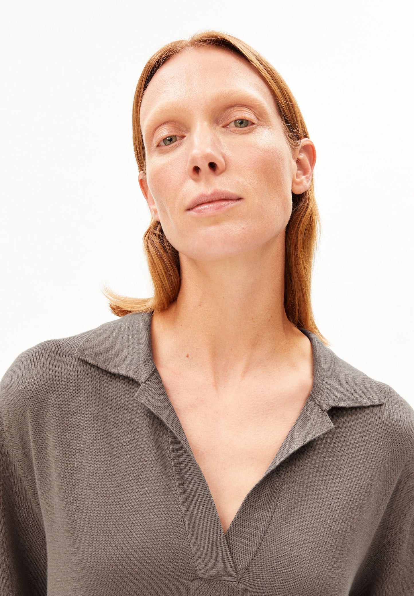 ARMEDANGELS Canada - FINE Polo Knit Dress in Walnut Cream - close up of v-neck and collar on model