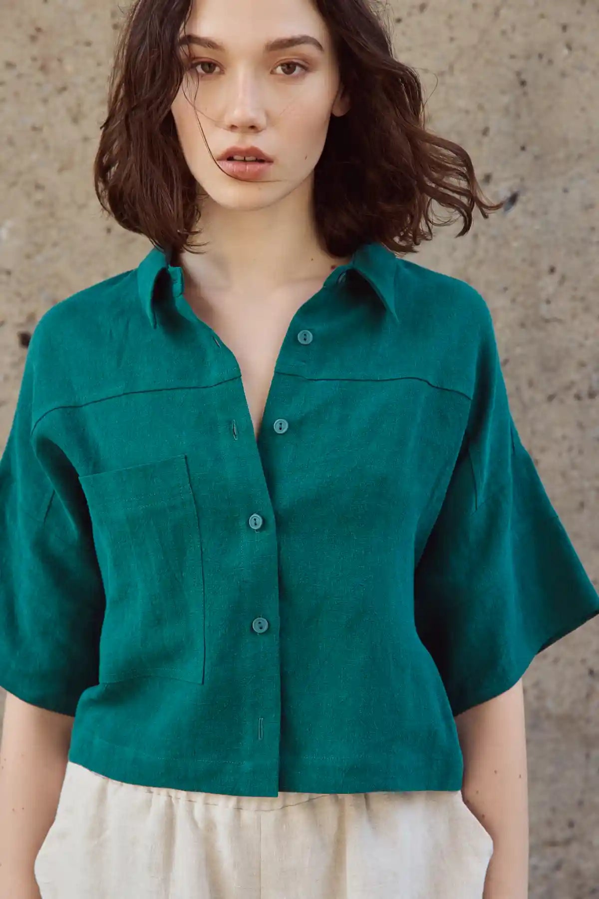 Tara Shirt in Emerald - Eve Gravel Button-Up Shirt by Eve Gravel in Green with Short Sleeves and Classic Collar