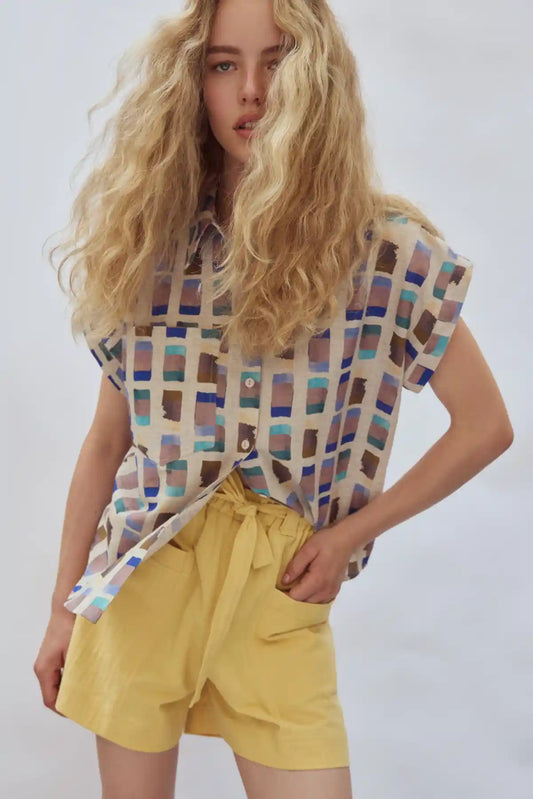 Haley Shirt in Blue Gold - Eve Gravel front view