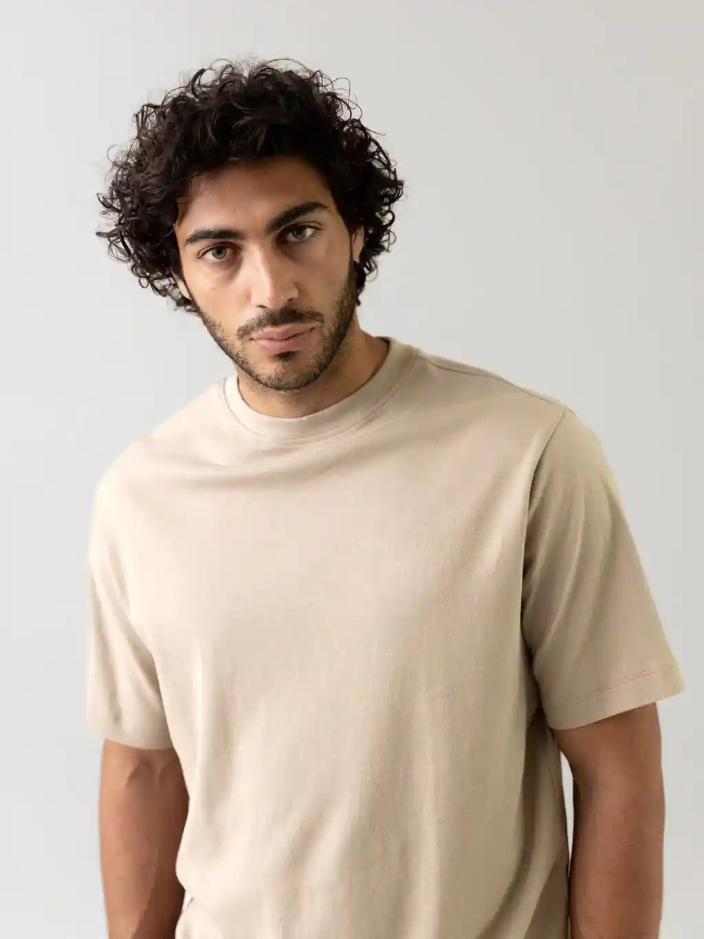 Male model wearing Mos Mosh Gallery beige short sleeve crew neck t-shirt casual fit in Kelowna