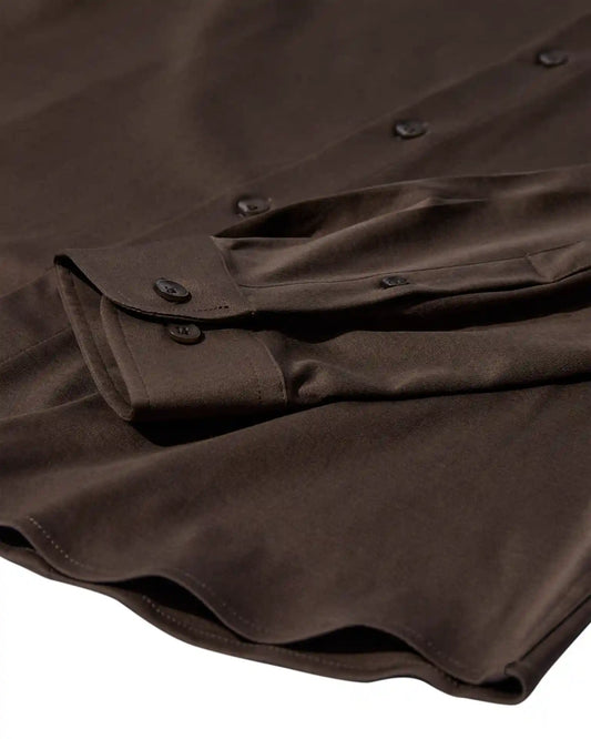 Mos Mosh Gallery dark brown button down oxford shirt close up showing cuff buttons hem and soft fabric in Kelowna