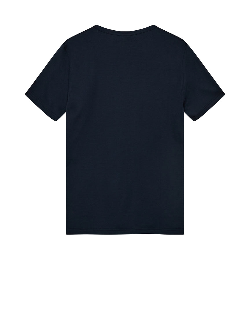 Mos Mosh Gallery organic navy t-shirt for men back view plain crew neck short sleeve casual in Kelowna