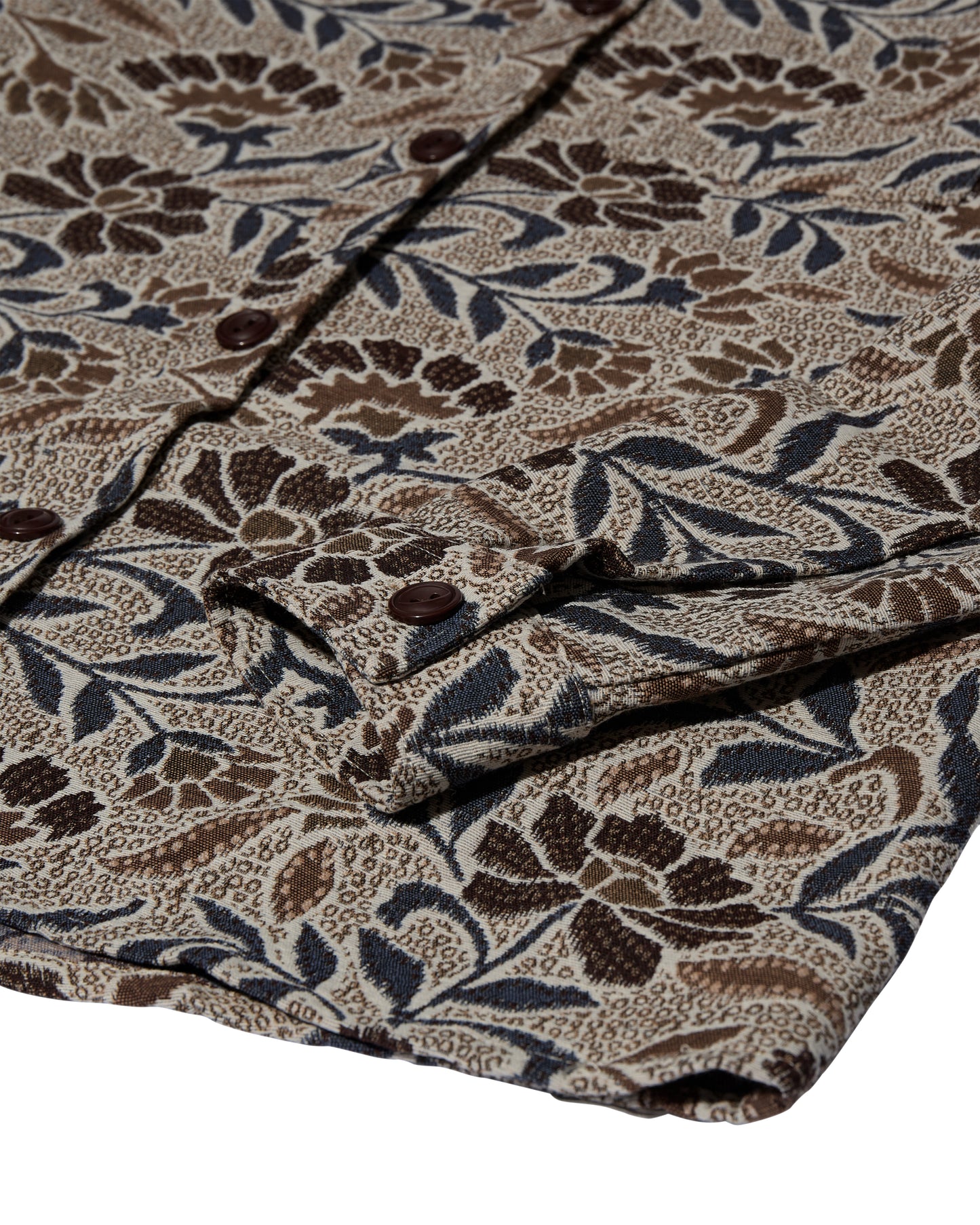 Mos Mosh Gallery organic men's overshirt beige floral print with brown and navy flowers and buttoned cuff in Kelowna