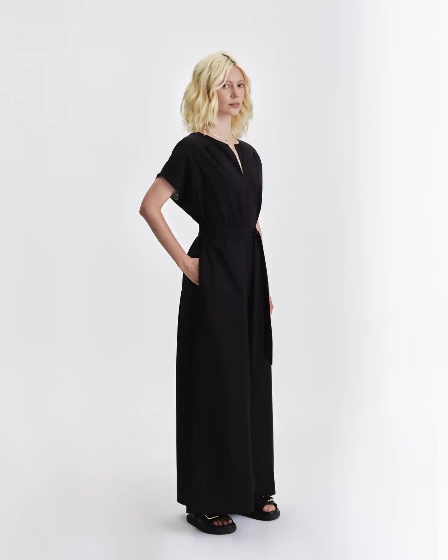 Jennifer Glasgow Design Osiris Black Dress with Short Sleeves and Tie Waist for Effortless Style